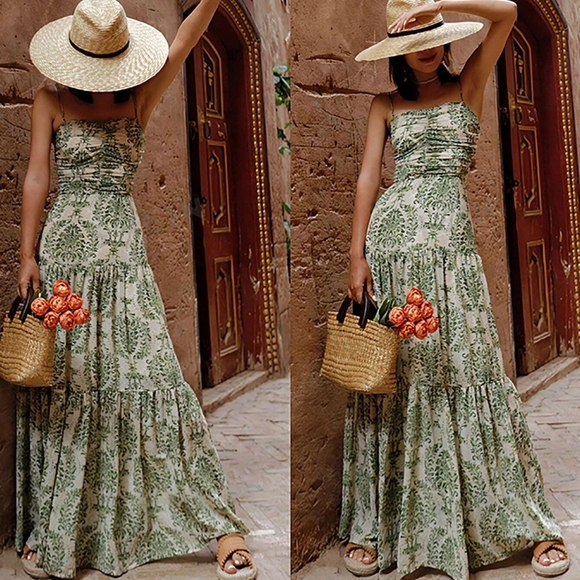 Women Elegant Vacation Printed Bohemian Boho Backless Maxi Cami Dress - Picture 1 of 6